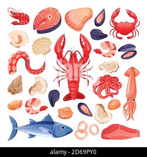 Ensemble de fruits de mer et de poissons frais crus. Illustration de dessin animé à plan vectoriel. Icônes alimentaires isolées sur fond blanc. Restaurant de mer ou éléments de conception de marché. Illustration de Vecteur