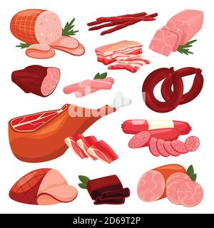 Collection de produits de viande fraîche, isolée sur fond blanc. Illustration de dessin animé à plan vectoriel. Éléments de conception isolés dans les aliments. Morceaux de salami, jambon, Illustration de Vecteur