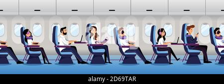 Intérieur de l'avion avec passagers en voyage, fond horizontal transparent. Les gens voyagent en avion en classe économique. Illustration de dessin animé à plan vectoriel Illustration de Vecteur