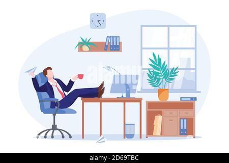 Procrastinting paresseux indépendant ou homme d'affaires assis à la table dans le bureau. Illustration d'un dessin animé à plat vectoriel de la pause café du Manager. Procrastina Illustration de Vecteur