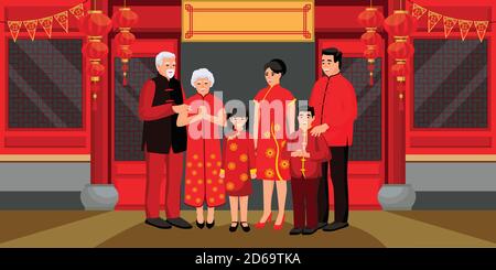 Bonne famille célébrant le nouvel an lunaire chinois. Illustration de dessin animé à plan vectoriel. Éléments de design de fêtes traditionnelles orientales pour bannières, affiches ou Illustration de Vecteur