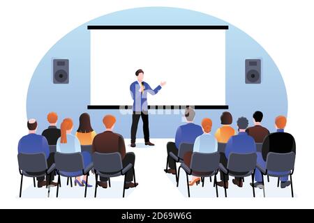 Groupe de personnes au séminaire, à la présentation ou à la conférence. Illustration de dessin animé à plan vectoriel. Un entraîneur professionnel parle au public. Bus Illustration de Vecteur