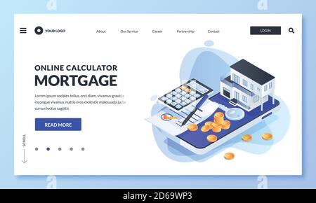 Application en ligne pour le calculateur de taux hypothécaire. Illustration isométrique vector 3d. Concept de prêt immobilier, investissement immobilier. Page d'arrivée Web, bannière, Illustration de Vecteur