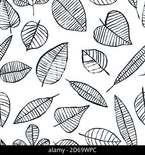 L'aquarelle d'automne noir blanc laisse un motif sans couture. Design tendance scandinave Doodle pour un imprimé textile de mode, un emballage, un papier peint ou un fond d'écran Illustration de Vecteur