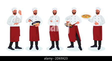 Chef avec moustache et barbe en différentes poses, sur fond blanc. Illustration vectorielle plate. Personnage de dessin animé d'homme de cuisine en chapeau et uniforme Illustration de Vecteur