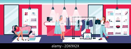 Les jeunes femmes heureux essaient des robes et des chaussures dans la boutique de vêtements. Illustration d'un dessin animé à plat vectoriel de l'intérieur d'un magasin de mode. Vente saisonnière en magasin ou Illustration de Vecteur