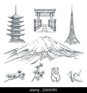 Voyage au Japon éléments de conception dessinés à la main. Illustration vectorielle de la pagode, de la montagne Fuji, de la branche de sakura Blossom, de la tour et des souvenirs. Tokyo Illustration de Vecteur