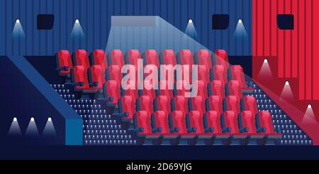 Intérieur du hall de cinéma. Fauteuils rouges vides dans le théâtre sombre. Illustration de dessin animé à plan vectoriel. Vente de billets de cinéma, de concert ou de divertissement. Illustration de Vecteur