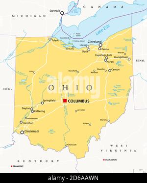 Ohio, OH, carte politique. Dans la région est-Nord-Centre du Midwest des États-Unis d'Amérique. Capitale Columbus. Le Buckeye State. Banque D'Images