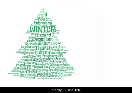 Nuage de mot vert sur blanc, forme d'un sapin, concept pour l'hiver, temps froid, Noël Banque D'Images