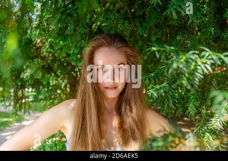 Jeune femme attrayante debout sous un arbre vert d'if. Il regarde attentivement la caméra Banque D'Images