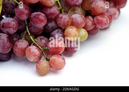 grand bouquet de raisins roses sur fond blanc. Raisins roses ronds. Gros plan sur les raisins frais. Banque D'Images