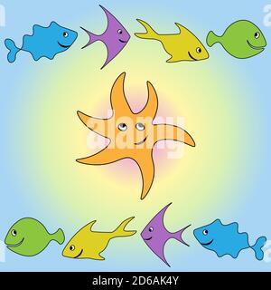 Bébé mignon drôle sans couture motif avec poisson. Starfish souriant au centre Banque D'Images