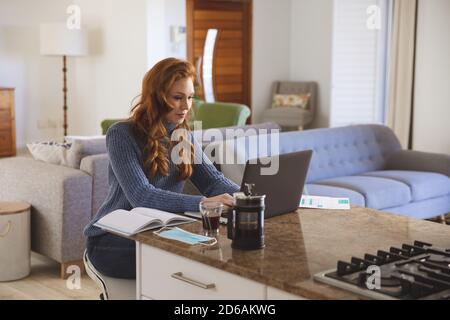 Woman using laptop in La cuisine à la maison Banque D'Images