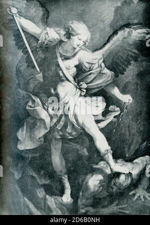 St Michael et le Dragon par Guido Reni. Michael en est venu à représenter le triomphe de la lumière sur l’obscurité, tel qu’interprété par l’Église chrétienne, dans les enseignements dont il en est venu à incarner le triomphe du Christ sur l’anti-Christ. La représentation théâtrale et resplendisante de Guido Reni ici où Saint Michel claque le dragon montre Michael comme une partie de soldat romain, partie danseuse de ballet. Il a été peint en 1635 et peut être vu dans l'église de Santa Maria della Consolazione à Rome. L’image illustre parfaitement le style ancien de Reni, qui a été admiré à plusieurs reprises par ses contemporains pour ce qu’ils appelaient les « grazi » Banque D'Images