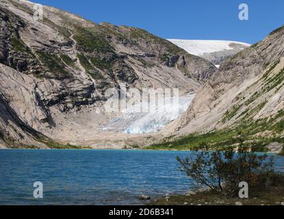 Vue du lac Nigardsbrevatnet au glacier Nigardsbreen in Parc national de Jostedalsbreen lors D'UNE Sunny Summer Day avec UN Ciel bleu clair Banque D'Images