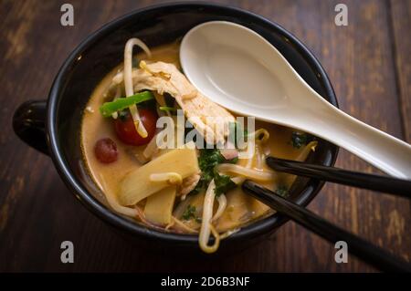 Thai aigre et piquante soupe poulet curry coco avec Banque D'Images