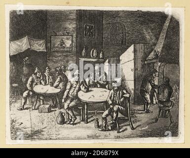 Taverne hollandaise du XVIIe siècle, avec de nombreux paysans buvant à des tables en bois, des cruches à leurs pieds, des tuyaux de tabac sur la table. Deux hommes s'assoient devant un foyer. Gravure sur plaque de coperplate par David Deuchar d'UNE collection de gravures d'après les maîtres les plus éminents des écoles néerlandaises et flamandes, Édimbourg, 1803. Banque D'Images