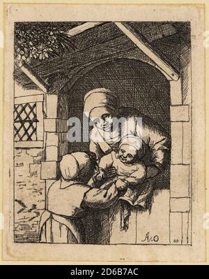 Mère hollandaise et petits enfants à la porte de la maison, XVIIe siècle. Petite fille jouant avec un bébé dans les bras de sa mère. Gravure de copperplate par David Deuchar d'après un original par Adriaen van Ostade d'UNE Collection de gravures d'après les maîtres les plus éminents des écoles néerlandaises et flamandes, Édimbourg, 1803. Banque D'Images