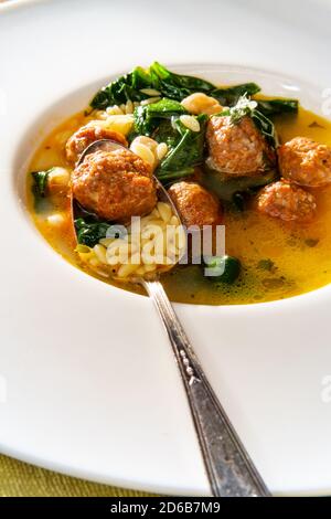 Soupe italienne de mariage avec boulettes de saucisse, pâtes orzo et haricots cannellini Banque D'Images