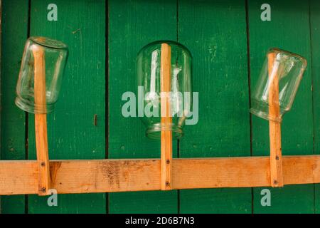 Fait à la main. Support en bois pour sécher des pots en verre sur un mur en bois à partir de longues planches verticales avec peinture vert vif gros plan. Les bocaux sont secs à l'extérieur. Arrière Banque D'Images