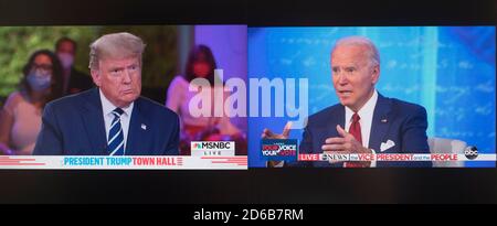 15 octobre 2020, New York, New York, États-Unis - UNE capture d'écran des émissions de l'ABC et de la MSNBC de halls de ville duels mettant en vedette le président DONALD TRUMP et le vice-président JOE BIDEN. M. Biden, sur ABC, a répondu aux questions des électeurs de Pennsylvanie au National Constitution Center de Philadelphie, tandis que M. Trump a répondu aux questions des électeurs de Floride au Perez Art Museum de Miami. Le calendrier très inhabituel est venu après que Trump ait été positif pour le COVID-19 il y a plusieurs semaines, mais a ensuite refusé de participer au débat virtuel suggéré par la Commission des débats présidentiels.(image de crédit Banque D'Images