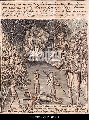 Le roi Powhatan ordonne à C. Smith d'être slayne, sa fille Pokahontas begs sa vie sa gratitude et comment il a soumis 39 de leurs rois reade vous histoire, vers 1624 Banque D'Images