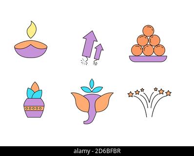 Diwali Icon design set avec bougie, feux d'artifice, doux, Ganesha. Palette de couleurs adaptée Illustration de Vecteur