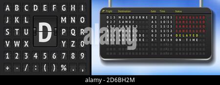 Tableau de bord 3D de l'aéroport avec vols annulés en raison d'un pandemy covid. Modèle de tableau de bord Vector Realistic Flip Airport. Horaire noir de l'aéroport avec départs. Tableau alphabétique de l'aéroport sur fond sombre Illustration de Vecteur