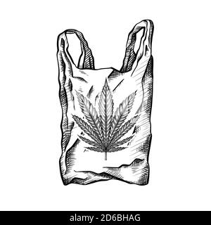 Sac nature avec éclosion et feuille de marijuana. Sac écologique sans déchets. Déchets recyclés. Problème écologique. Dessin vectoriel noir et blanc pour votre Illustration de Vecteur