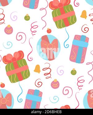 Motif de Noël sans couture sur fond blanc. Papier peint avec décorations, cadeaux, serpentin et confetti. Texture festive pour arrière-plans, tissus a Illustration de Vecteur
