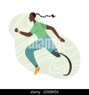 Illustration plate d'une jeune fille africaine à jambe prothétique. Jogger sportswoman. Stylisée femme sportive forte avec handicap. Le sport pour tous. VVecto Illustration de Vecteur