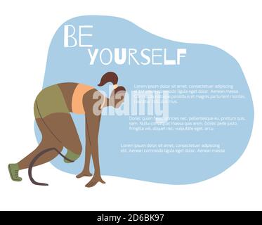 Soyez vous-même lettering avec l'illustration plate de fille africaine coureur avec prothétique jambe et place pour le texte. Bannière sport avec coureur de marathon à la s Illustration de Vecteur