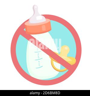 Bouteille d'enfant avec du lait et de la pacifer dans le panneau d'interdiction. Interdiction des aliments artificiels. Alerte à l'allergie. L'objet est séparé de l'arrière-plan. Vecteur eleme Illustration de Vecteur