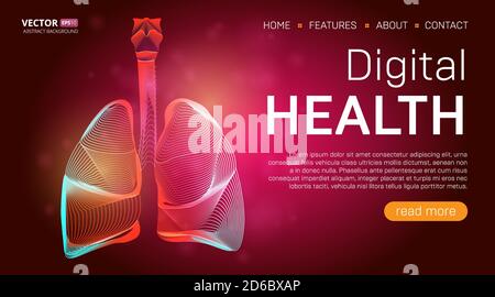 Modèle de page d'arrivée de santé numérique ou concept de bannière de héros médical. Les poumons humains présentent un vecteur d'organe dans le style de dessin au trait 3d sur abst Illustration de Vecteur