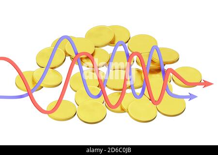 les pièces d'or sont dispersées sur un plan et des flèches courbes statistiques, isolées sur un fond blanc, rendu 3d Banque D'Images