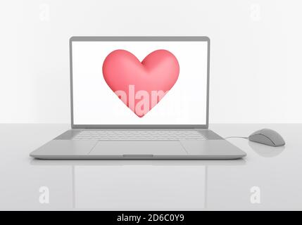 ordinateur portable sur la table grise réfléchissante, moniteur avec cœur rouge, concept de datation d'amour en ligne, amour à la distance, rendu 3d Banque D'Images
