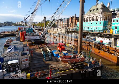Thames tideway tunnel, construction de nouveaux égouts, Blackfriars Bridge front de mer, londres, royaume-uni Banque D'Images