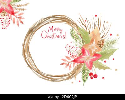 Couronne décorative à motif fleuri pour cartes de Noël et invitations. Décor de mariage avec cadre d'hiver botanique Banque D'Images