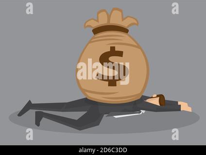 Homme de dessin animé couché sur le sol et frappé par un sac d'argent. Illustration vectorielle créative sur le concept financier et monétaire isolée sur gre Illustration de Vecteur