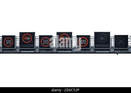 Panneaux à DEL interdisant le dépassement de camions et une limite de vitesse de 120 kilomètres par heure suspendue sur la route sur un échafaudage métallique, isolé sur un blanc Banque D'Images