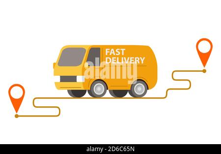 Livraison d'une camionnette jaune transportant des colis sur des points.illustration vectorielle. Illustration de Vecteur