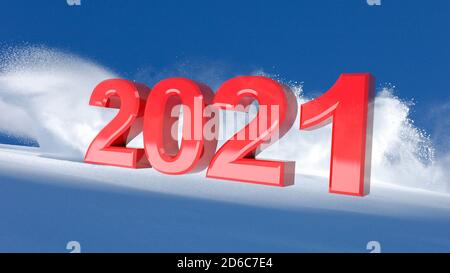 Rouge nouvel an 2021 sur fond de neige d'hiver, illustration 3D Banque D'Images