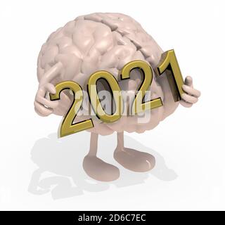 Cerveau avec bras, jambes et inscription 3D 2021, illustration 3d Banque D'Images