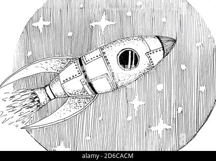Esquisse de fusée. Le vaisseau spatial vole à travers l'espace, livre de coloriage à encre noire à main levée. Illustration des étoiles et de la planète, dessin. Banque D'Images