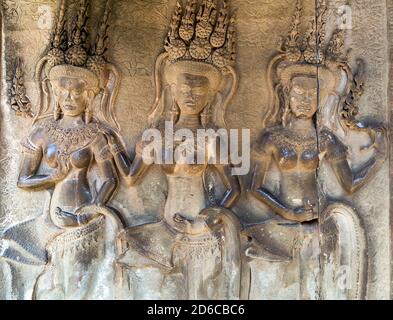 Décoration Apsaras au coin d'Angkor wat, Seam Reap, Cambodge Banque D'Images