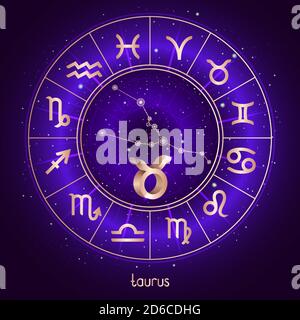 Signe de zodiaque et constellation TAUREAU avec cercle d'horoscope et symboles sacrés sur le fond ciel étoilé avec motif géométrique. Illustration vectorielle Illustration de Vecteur