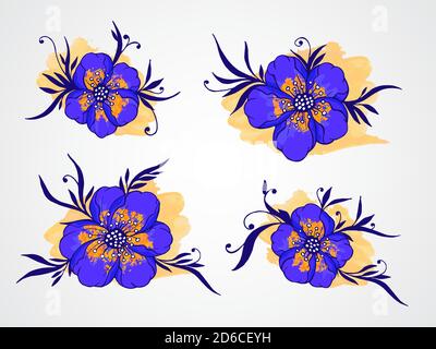Ensemble vectoriel de fleurs, branches et feuilles dessinées à la main avec élément aquarelle texturé. En bleu et jaune. Illustration de Vecteur