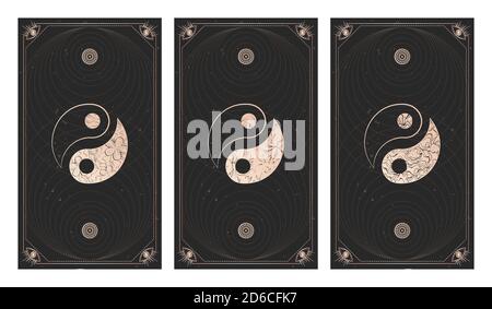 Ensemble vectoriel de trois signes yin yang sur fond sombre avec forme géométrique, textures et cadres grunge. Symboles avec éléments floraux. Illustration dans Illustration de Vecteur