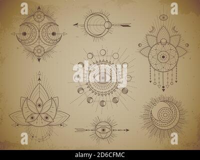 Ensemble vectoriel de symboles géométriques et de chiffres sacrés sur l'arrière-plan de l'ancien papier grunge. Collection abstraite de signes mystiques dessinés en lignes. Pour votre conception: pr Illustration de Vecteur